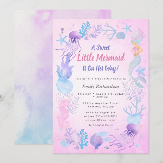 かわいい人魚のプリンセス パステルガール ベビーシャワー 招待状 (正面/裏面)