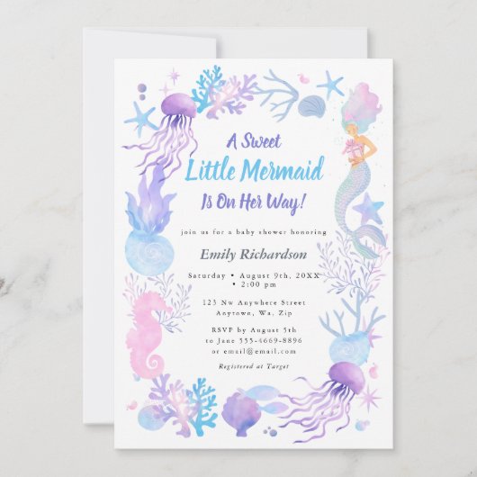 かわいい人魚のプリンセス パステルベビーシャワー 招待状 (正面)