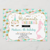 かわいい人魚の一角獣パーティの招待状 招待状 (正面/裏面)