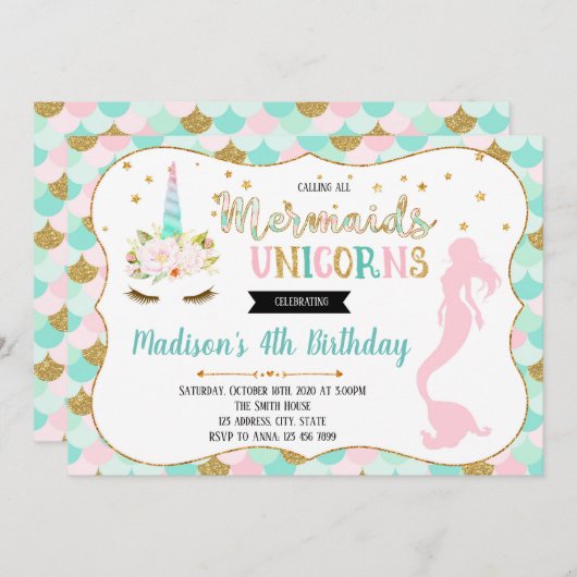 かわいい人魚の一角獣パーティの招待状 招待状 (正面/裏面)