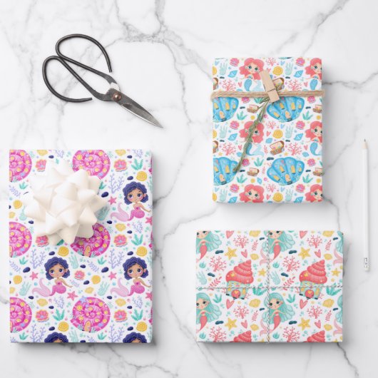 かわいい人魚の包装紙セット3 ラッピングペーパーシート (正面)