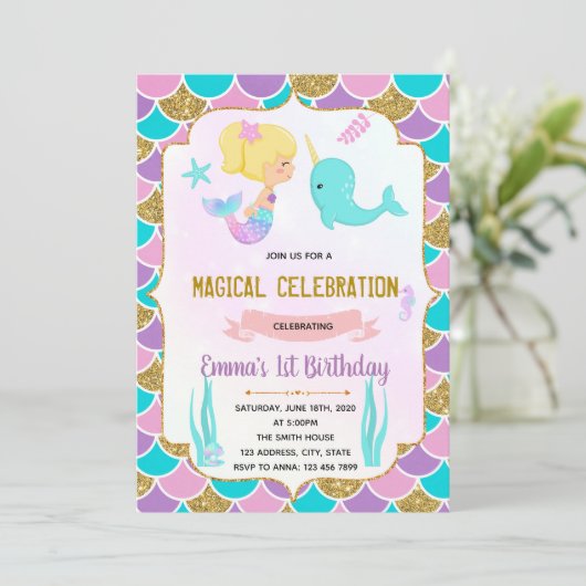 かわいい人魚の女の子のテーマ招待 招待状 (スタンド正面)