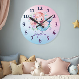 かわいい人魚の女の子のパーソナライズクロック ラウンド壁時計