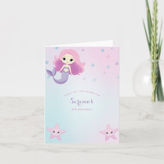 かわいい人魚の女の子の誕生日パーティー サンキューカード (正面)