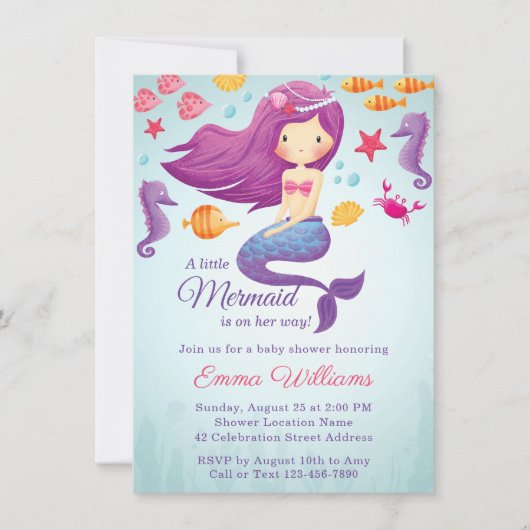 かわいい人魚の女の子ベビーシャワー招待状 – 紫 招待状 (正面)
