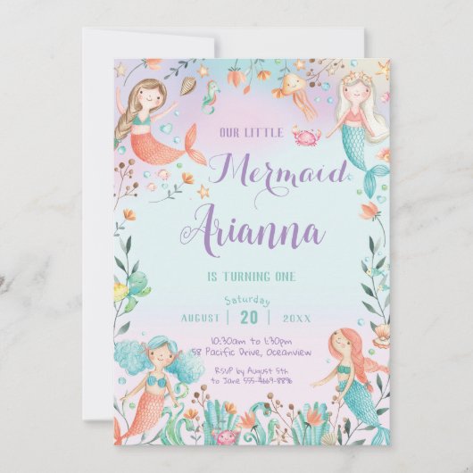 かわいい人魚の女の子誕生日ザシープール 招待状 (正面)