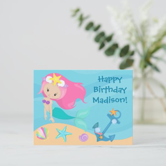 かわいい人魚の女の子 誕生日カード 子供 ハッピー バースデー ポストカード (スタンド正面)