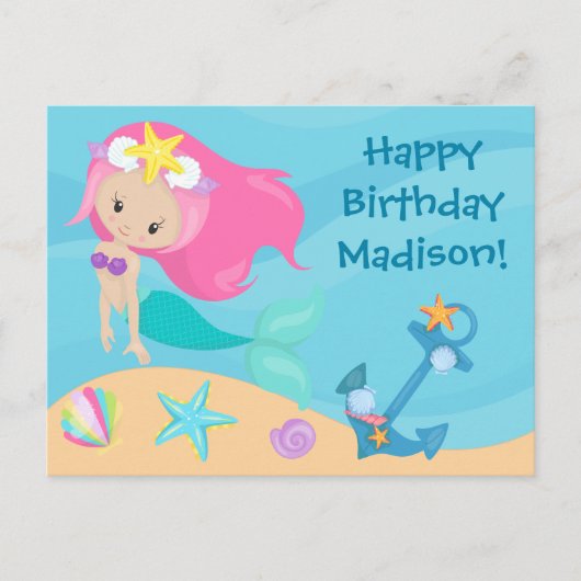 かわいい人魚の女の子 誕生日カード 子供 ハッピー バースデー ポストカード (正面)
