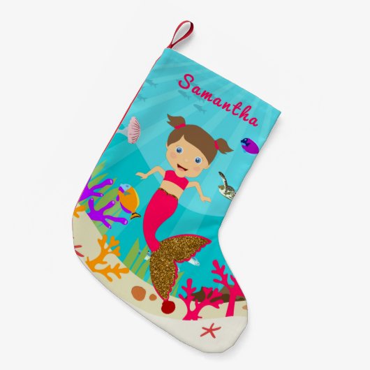 かわいい人魚の女カラフルの子海陶器名 スモールクリスマスストッキング (正面 (吊り時))