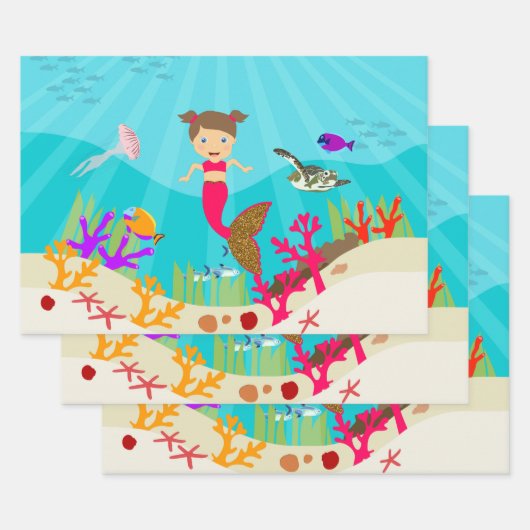 かわいい人魚の女カラフルの子 ラッピングペーパーシート (セット)