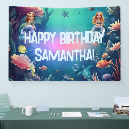 かわいい人魚の子供の誕生日パーティーの招待 横断幕 (トレードショー)