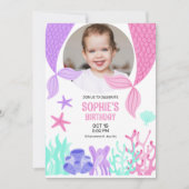 かわいい人魚の尾、写真と人魚の誕生日 招待状 (正面)