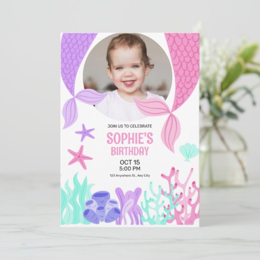 かわいい人魚の尾、写真と人魚の誕生日 招待状 (スタンド正面)