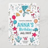 かわいい人魚の尾、海の下の誕生日 招待状 (正面/裏面)