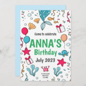 かわいい人魚の尾、海の下の誕生日 招待状 (正面/裏面)