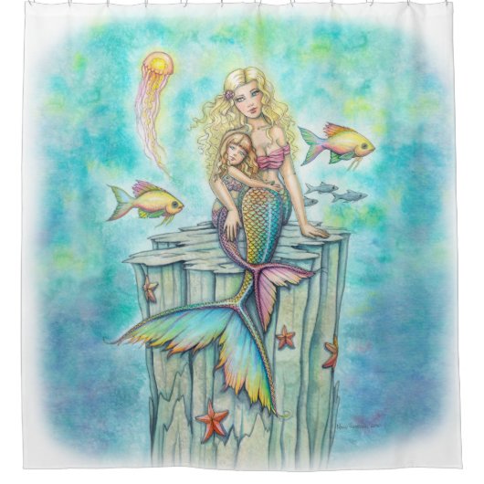 かわいい人魚の母と娘芸術 シャワーカーテン (正面)