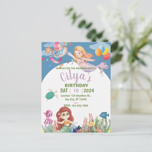 かわいい人魚の水彩 誕生日パーティー招待状 ポストカード (スタンド正面)