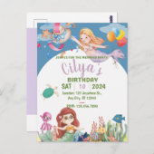かわいい人魚の水彩 誕生日パーティー招待状 ポストカード (正面/裏面)