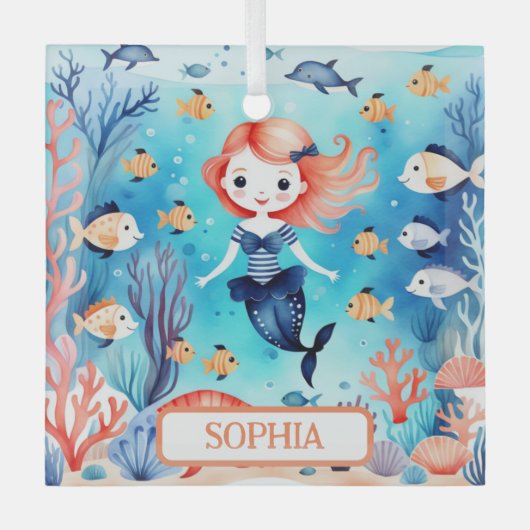 かわいい人魚の海のパーソナライズされた下 ガラスオーナメント (正面)