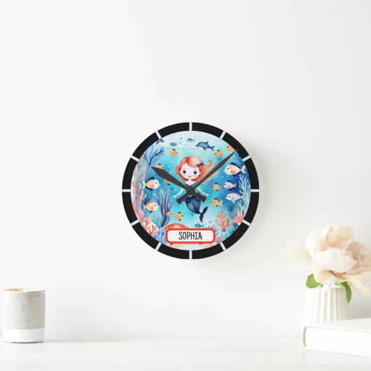 かわいい人魚の海のパーソナライズされた下 ラウンド壁時計 (ホーム)