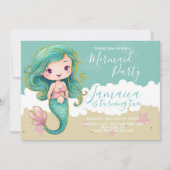 かわいい人魚の海のビーチの誕生日パーティー 招待状 (正面)