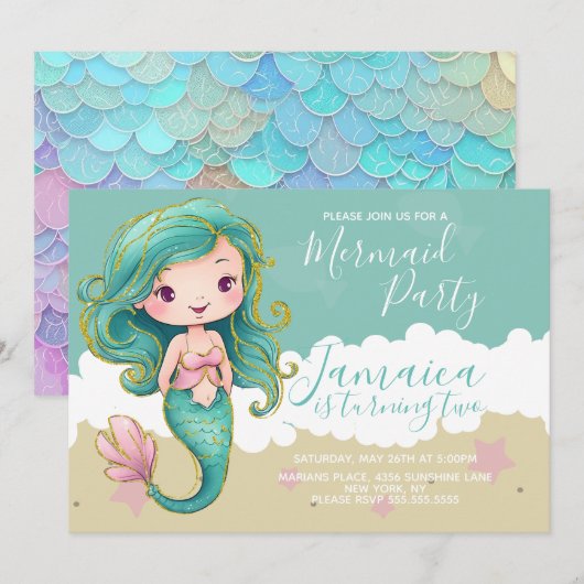かわいい人魚の海のビーチの誕生日パーティー 招待状 (正面/裏面)
