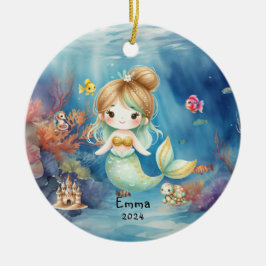 かわいい人魚の海の水彩パーソナライズデザイン セラミックオーナメント