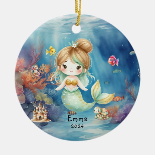かわいい人魚の海の水彩パーソナライズデザイン セラミックオーナメント (正面)