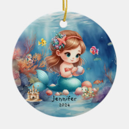 かわいい人魚の海の水彩パーソナライズデザイン セラミックオーナメント