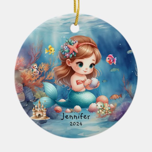 かわいい人魚の海の水彩パーソナライズデザイン セラミックオーナメント (正面)