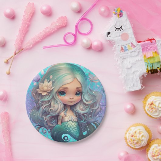 かわいい人魚の海の青はかりで測紫 ペーパープレート (パーティー)