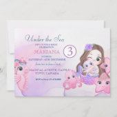 かわいい人魚の紫とピンクの3歳の誕生日 招待状 (正面)