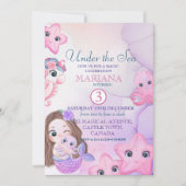 かわいい人魚の紫の水色3歳の誕生日 招待状 (正面)
