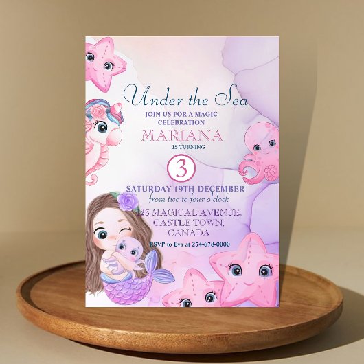 かわいい人魚の紫の水色3歳の誕生日 招待状