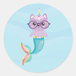 かわいい人魚の虹の一角紫色の猫 ラウンドシール
