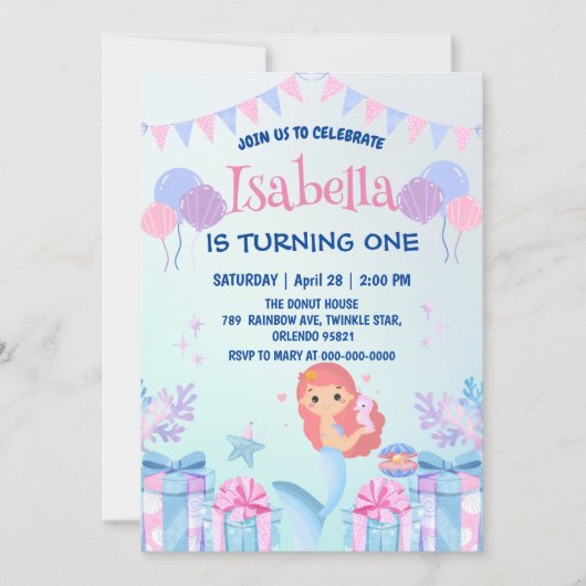 かわいい人魚の虹の水彩の誕生日パーティー 招待状 (正面)