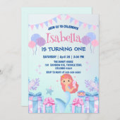 かわいい人魚の虹の水彩の誕生日パーティー 招待状 (正面/裏面)