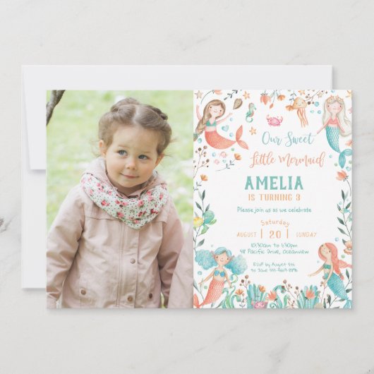 かわいい人魚の誕生日が海の写真に 招待状 (正面)