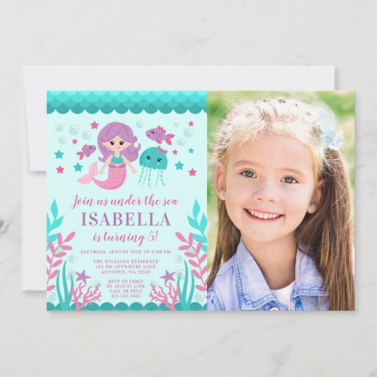 かわいい人魚の誕生日パーティーの写真 招待状 (正面)