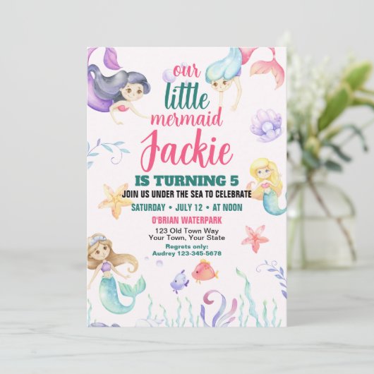 かわいい人魚の誕生日パーティーの招待状 招待状 (スタンド正面)