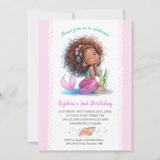 かわいい人魚の誕生日パーティーの招待状 招待状 (正面)