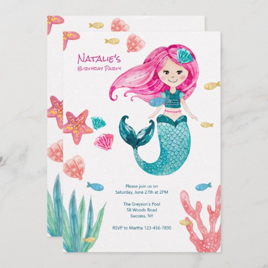 かわいい人魚の誕生日パーティー招待状 招待状 (正面/裏面)