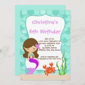 かわいい人魚の誕生日パーティー招待状 招待状 (正面/裏面)