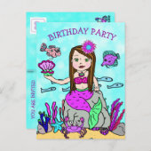 かわいい人魚の誕生日招待状 ポストカード (正面/裏面)
