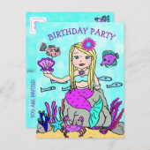 かわいい人魚の誕生日招待状 ポストカード (正面/裏面)