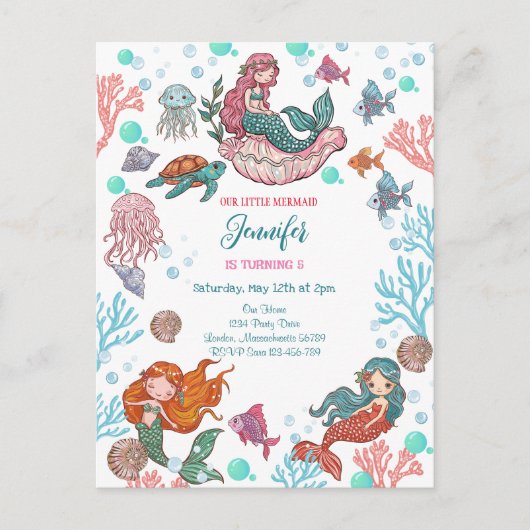 かわいい人魚の誕生日招待状 ポストカード (正面)