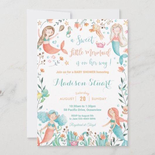 かわいい人魚の赤ちゃんが海の赤ちゃん女の子の下にシャワー 招待状 (正面)
