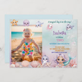 かわいい人魚の魔法の写真 誕生日パーティー招待状 招待状 (正面/裏面)