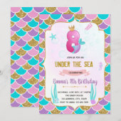 かわいい人魚の8歳誕生日招待状 招待状 (正面/裏面)