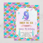 かわいい人魚の9歳誕生日招待状 招待状 (正面/裏面)